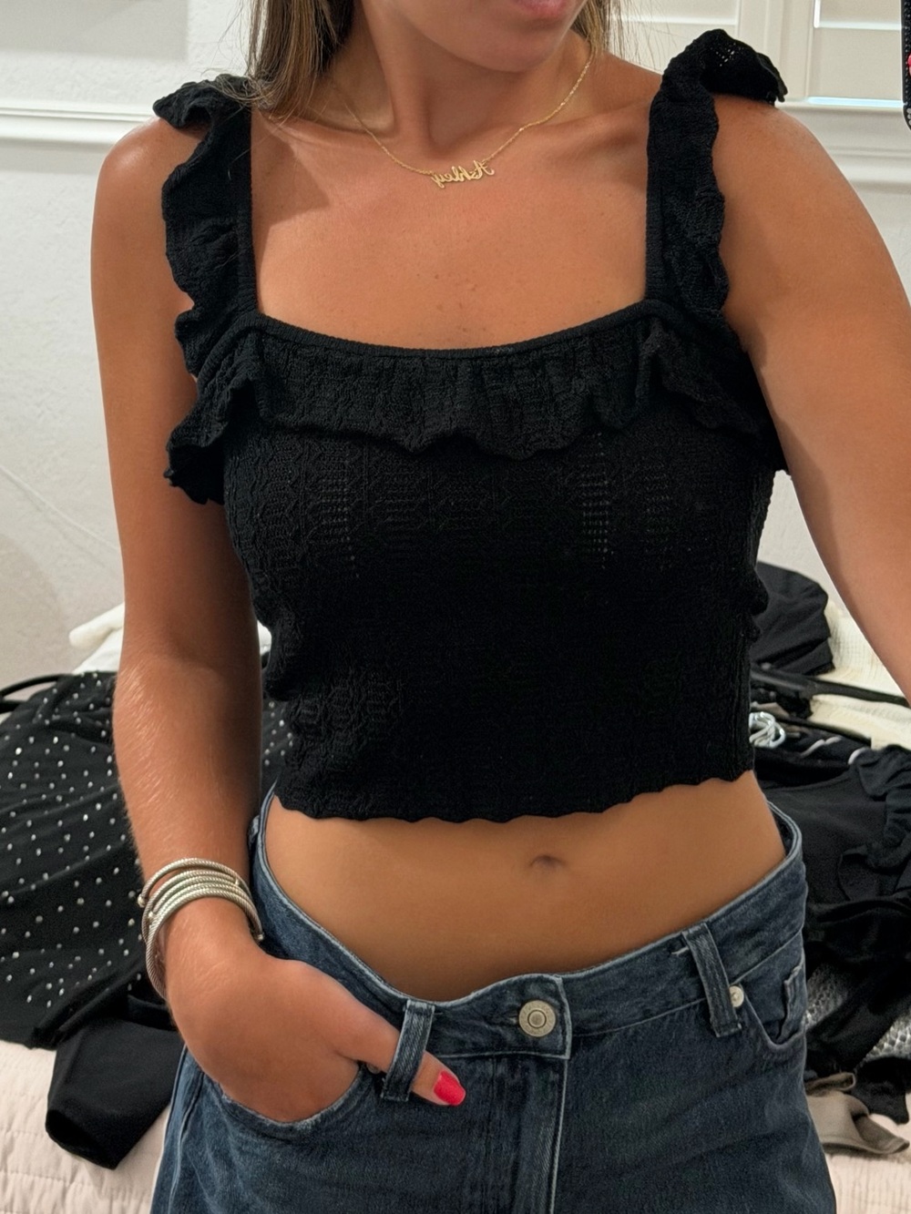 Zara Black Ruffled Square-Neck Knit Crop Camisole